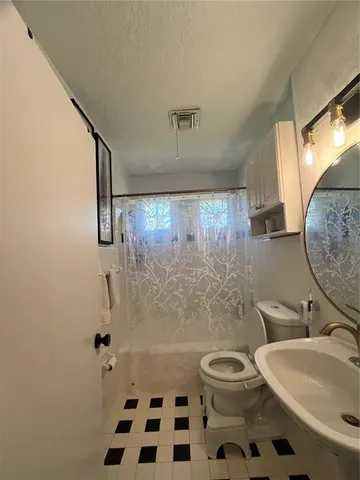 a bathroom with a sink a toilet a mirror and shower