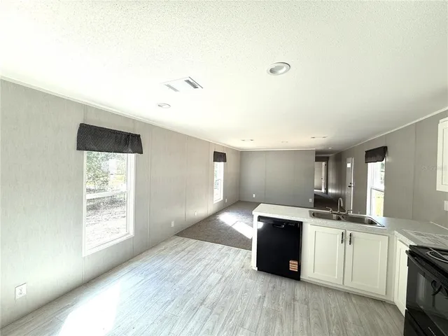 a kitchen with a sink cabinets and wooden floor