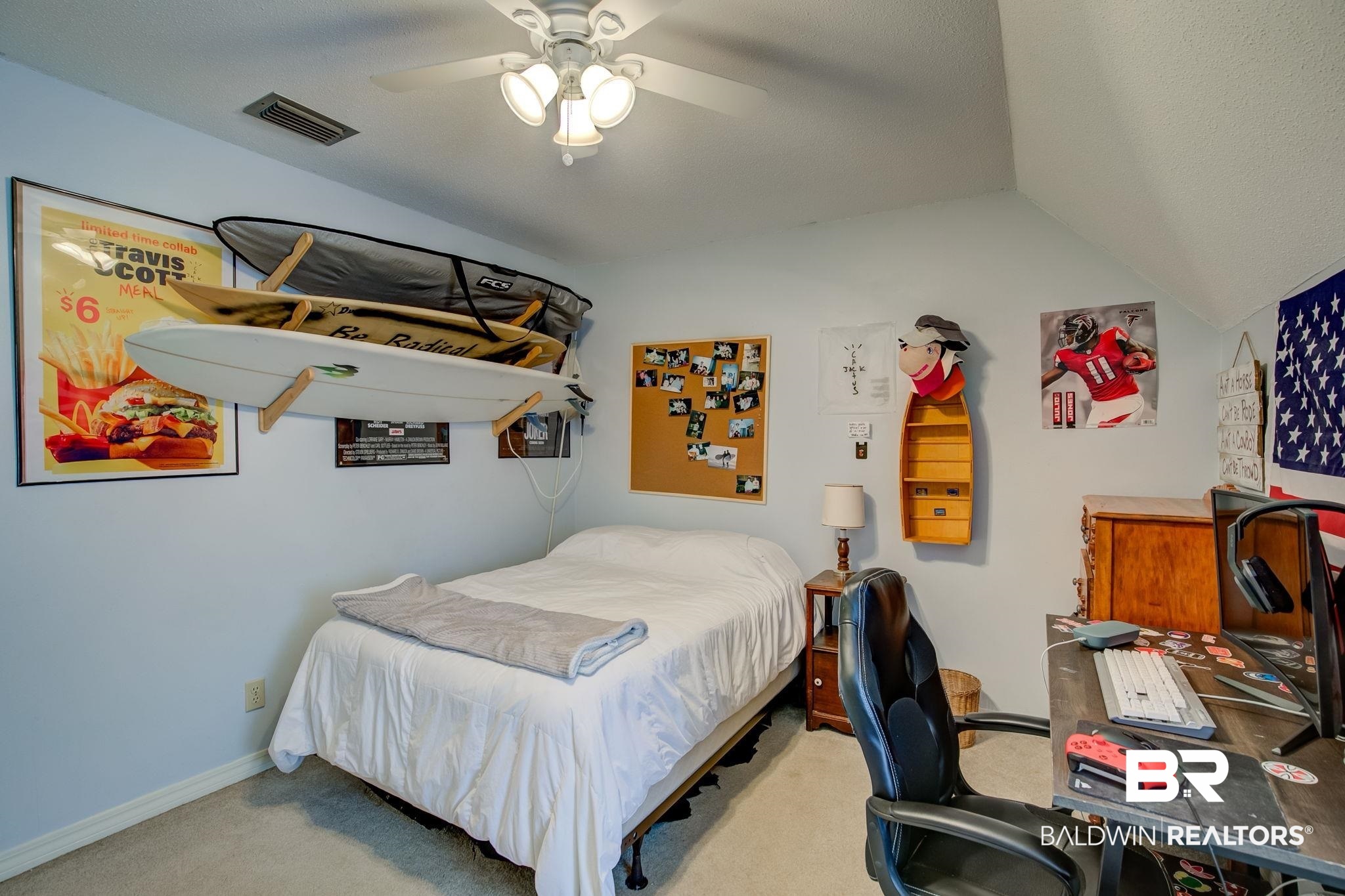 8 Soldiers Route Spanish Fort, AL 36527 - Photo 26 of 42 Bedroom with carpet, ceiling fan, baseboards, lofted ceiling, and visible vents