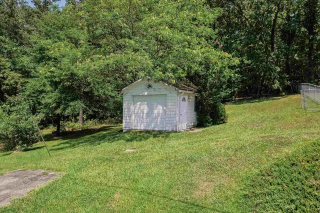 a backyard of a house with plants and large trees