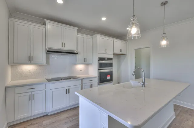 a kitchen with kitchen island a sink a center island and cabinets