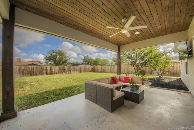 a garden view with a seating space