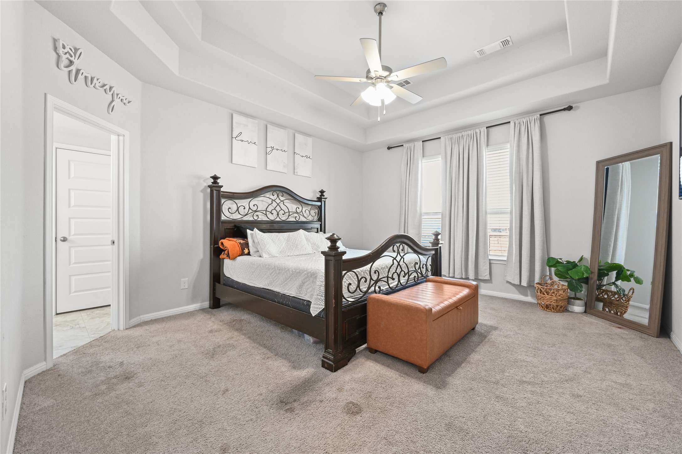 207 Dogvane Circle Kyle, TX 78640 - Photo 15 of 32 Bedroom featuring light carpet, a ceiling fan, and a raised ceiling