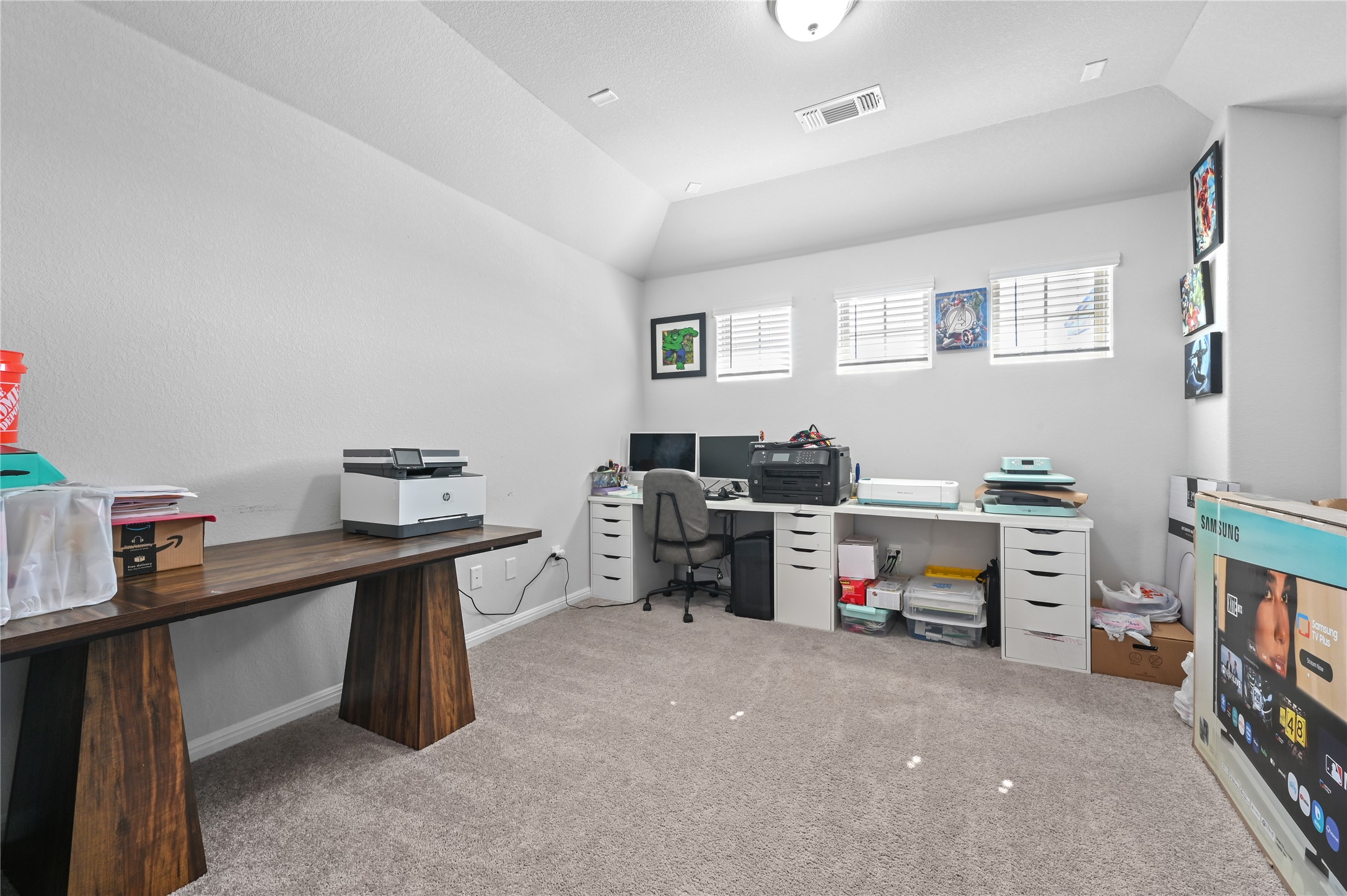207 Dogvane Circle Kyle, TX 78640 - Photo 23 of 32 Office area featuring light colored carpet and vaulted ceiling