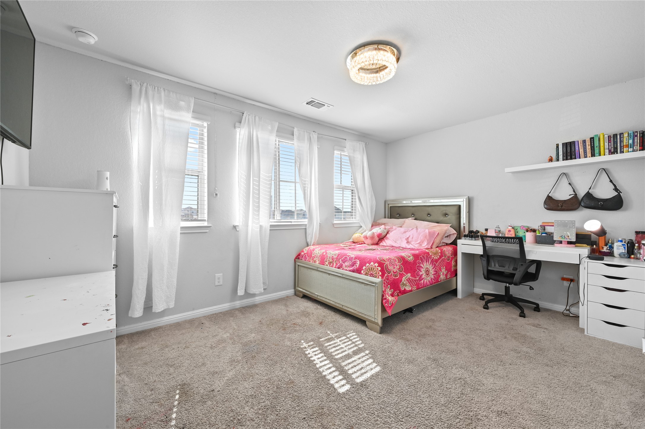 207 Dogvane Circle Kyle, TX 78640 - Photo 25 of 32 Bedroom with light colored carpet and a desk