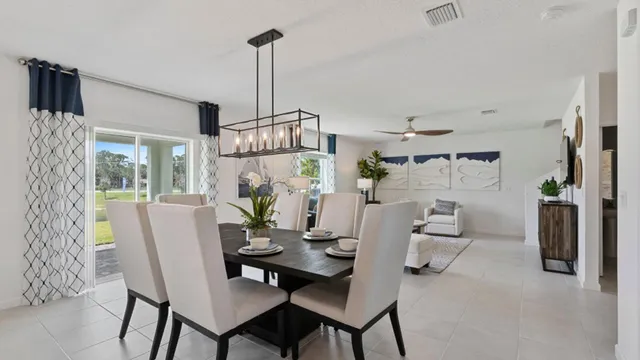 a view of a dining room with furniture window and outside view