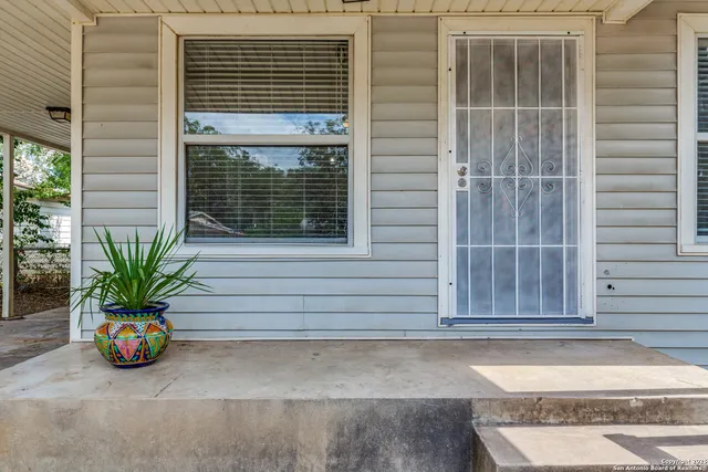 a view of a house with a potted plant and a window