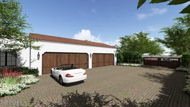 a view of swimming pool with outdoor seating and lots of potted plants