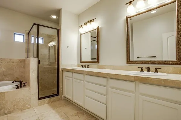 a bathroom with a double vanity sink mirror and shower