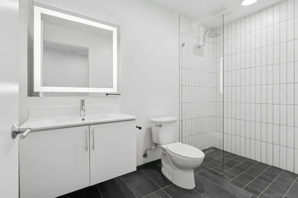 a bathroom with a toilet sink and mirror