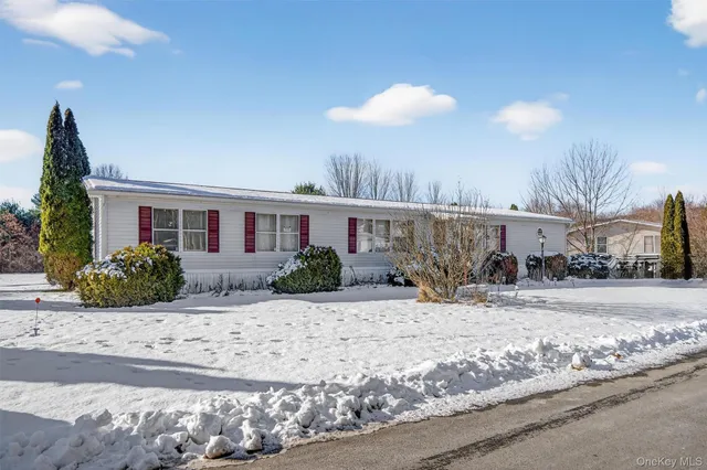 a view of a house with a snow in the background