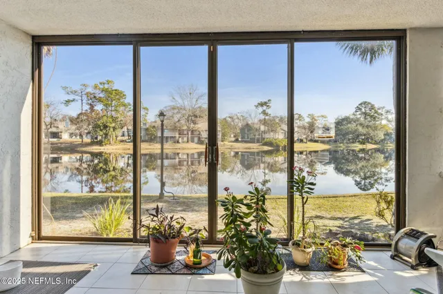 a view of a city from a dining room