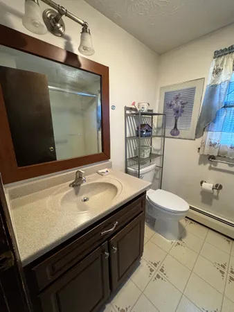 a bathroom with a sink mirror vanity and toilet