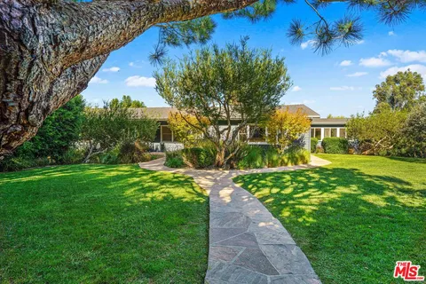 a view of a yard in front of a house with a large tree