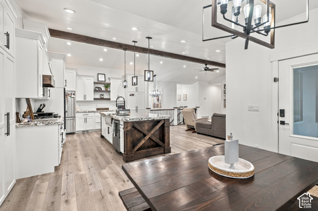244 East Sevier River Road Central Valley, UT 84754 - Photo 26 of 66 Kitchen featuring white cabinetry, wood-finish flooring, a wood-finish island with stone countertops, and stainless steel appliances