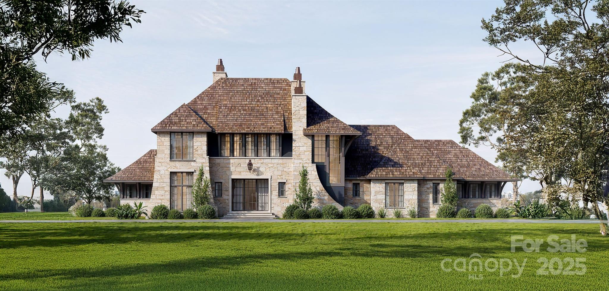a view of a big house with a big yard and large trees