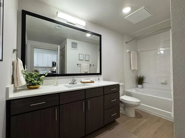 a bathroom with a double vanity sink a toilet and a mirror