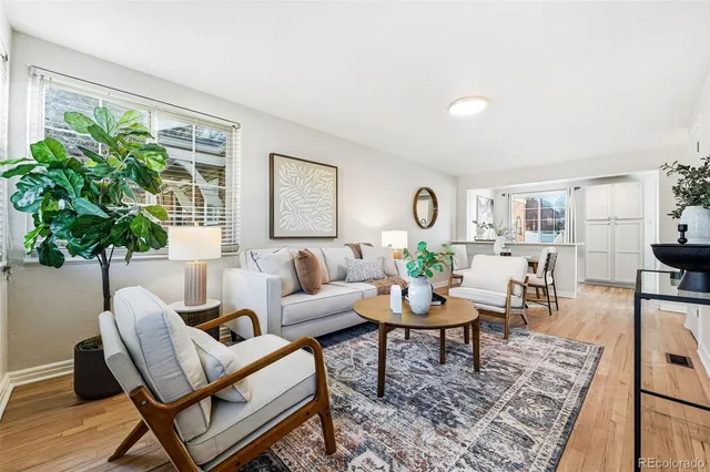a living room with furniture and a potted plant