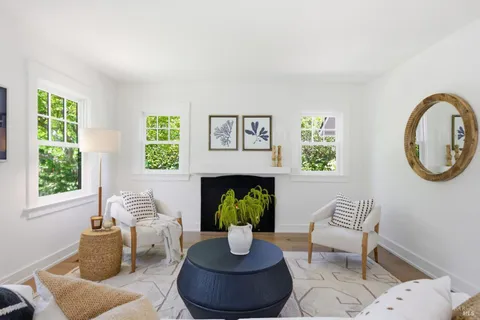 a living room with furniture a mirror and a potted plant