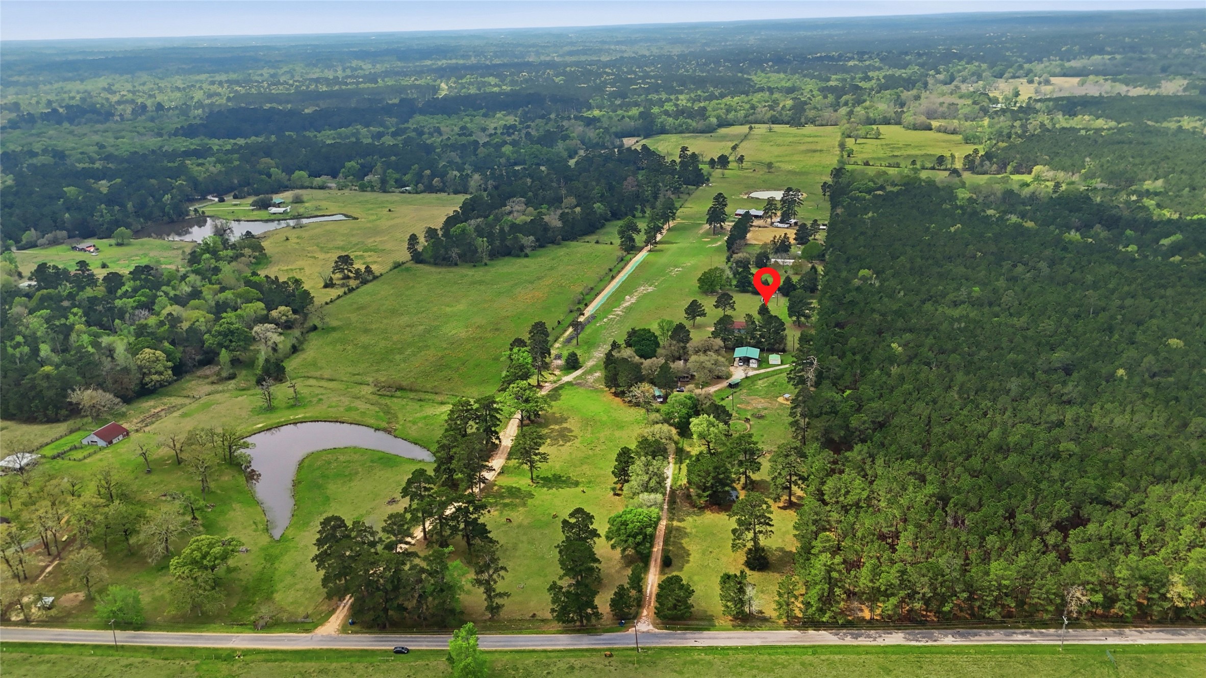 872 Four Notch Road Huntsville, TX 77340 - Photo 40 of 42 Expansive rural property with lush greenery, a scenic pond, and a winding driveway leading to secluded homes, offering tranquility and natural beauty.