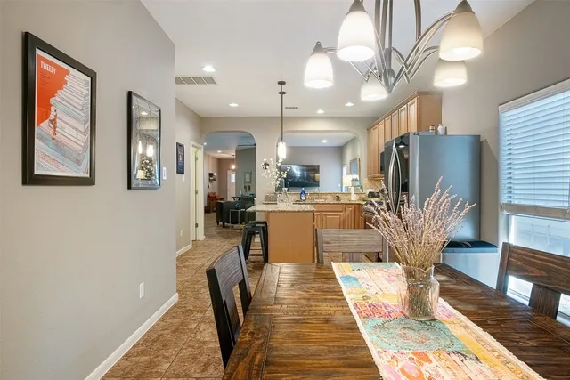 a view of a dining room with furniture