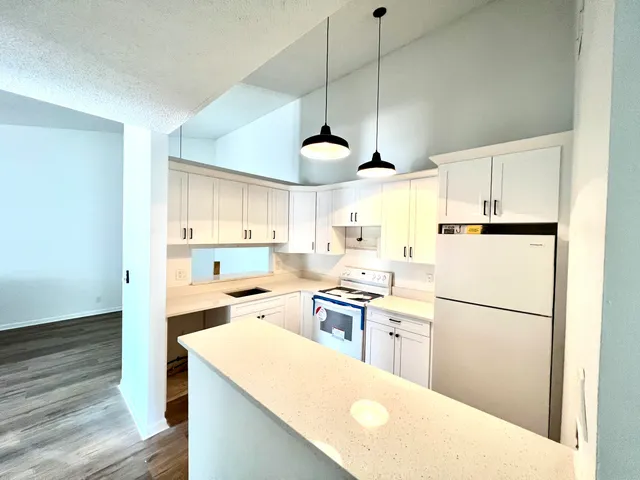 a kitchen with stainless steel appliances granite countertop a refrigerator a sink dishwasher a stove and white cabinets with wooden floor