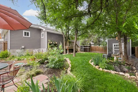 a backyard of a house with plants and large tree