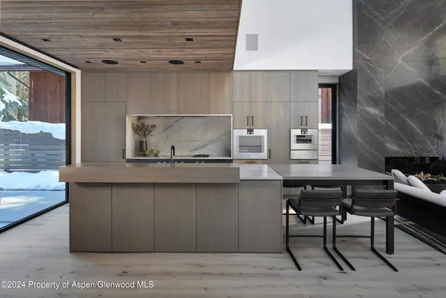 a view of a dining room with furniture