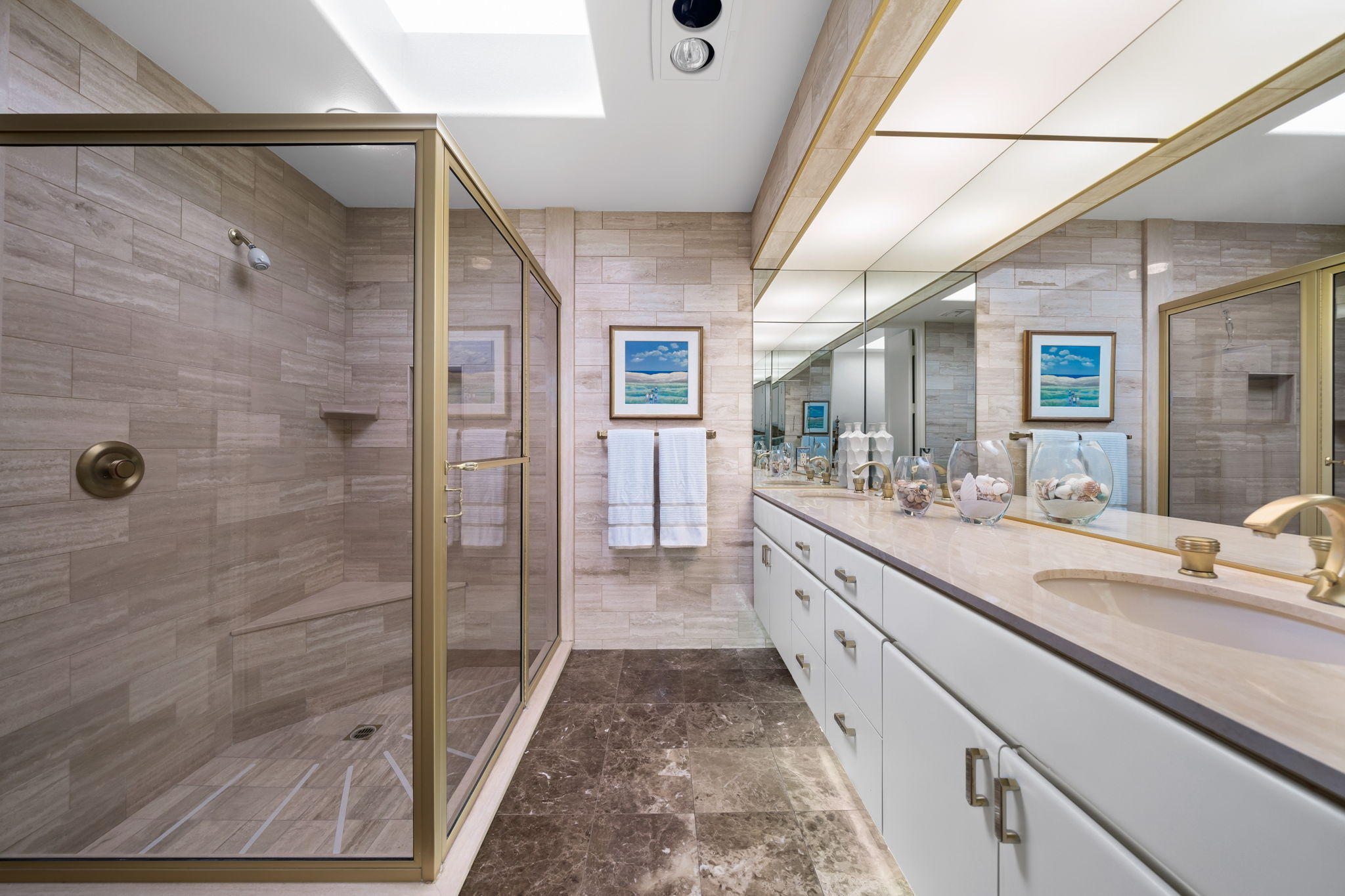 74 Mayfair Drive Rancho Mirage, CA 92270 - Photo 20 of 35 a large white bathroom with a granite countertop sink mirror and shower