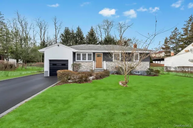 a view of a house with backyard and a tree