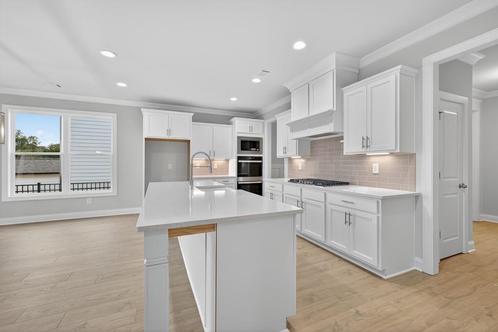 5579 Spring Street Flowery Branch, GA 30542 - Photo 11 of 65 a kitchen with stainless steel appliances granite countertop a sink a stove a refrigerator a oven and white cabinets with wooden floor