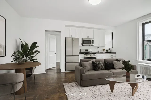 a living room with furniture and a potted plant