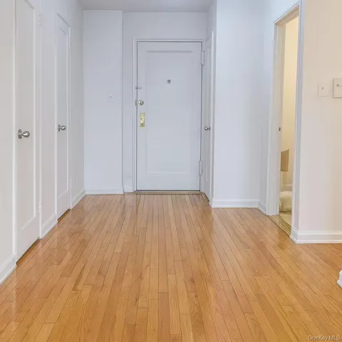 a view of a room with wooden floor and white doors