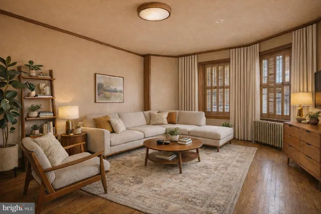 a living room with furniture and wooden floor