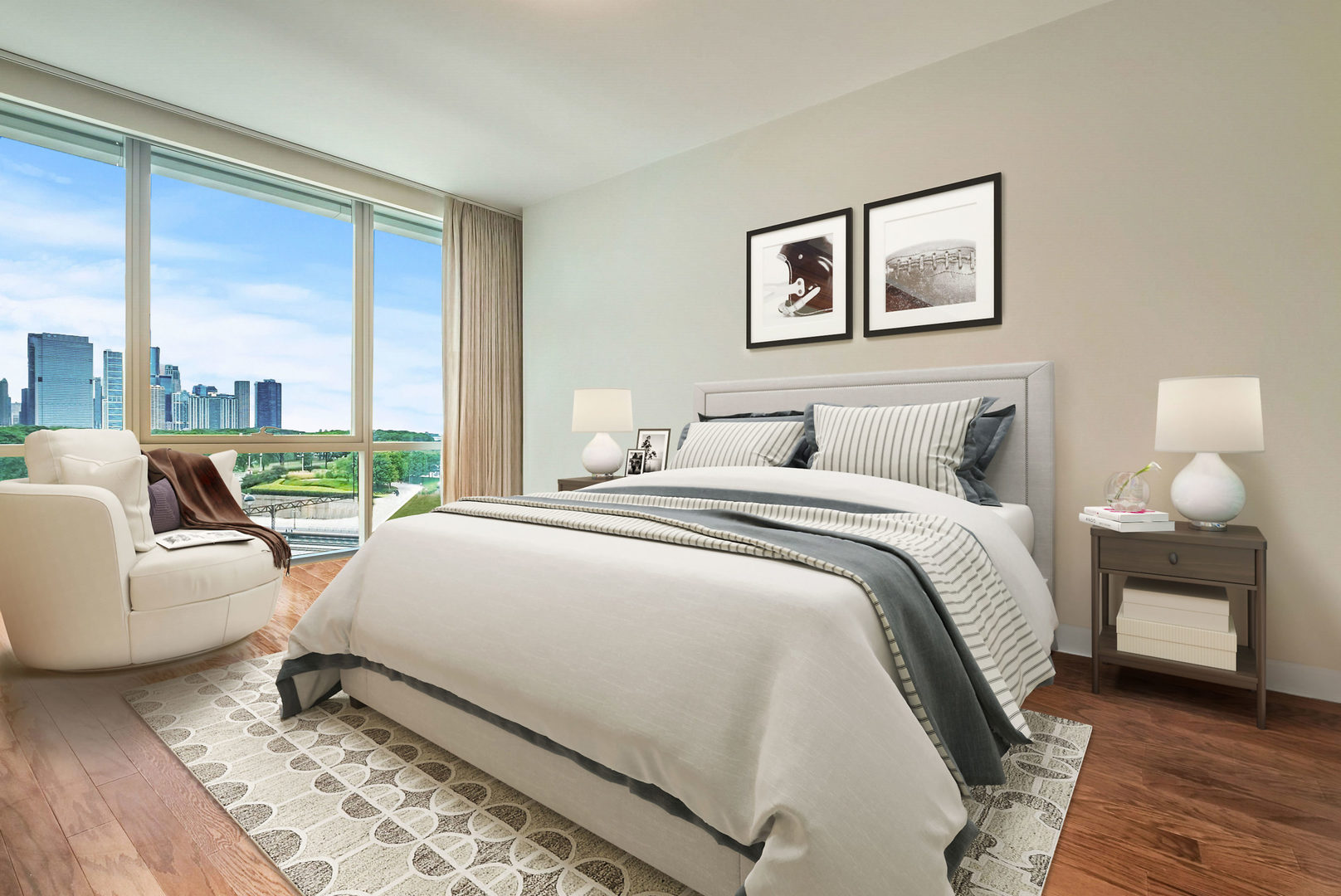 1201 South Prairie Avenue, Unit 601 Chicago, IL 60605 - Photo 17 of 52 a bedroom with a bed and a large window