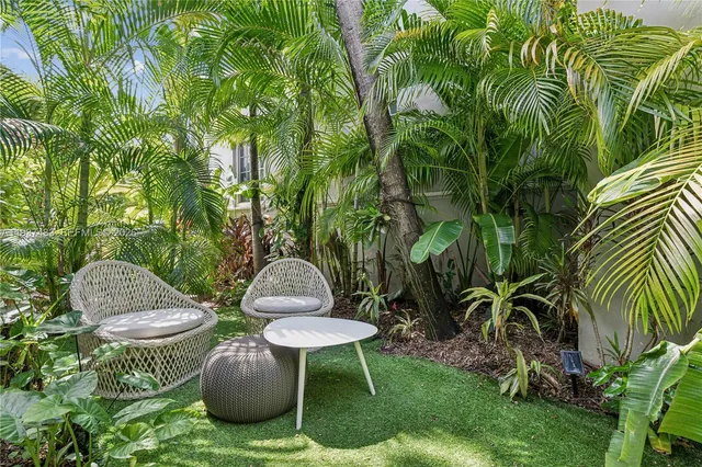a backyard of a house with table and chairs