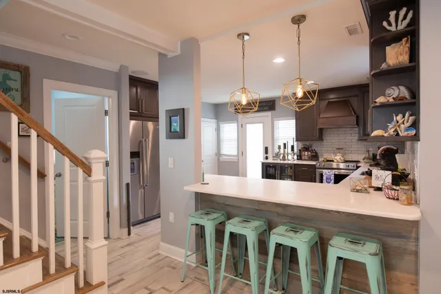 a view of a dining room with furniture