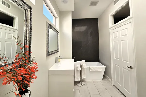 a bathroom with a bathtub