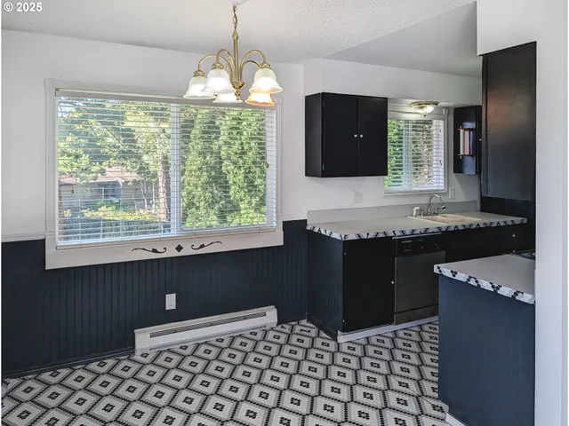 a kitchen with a sink a stove and black cabinets