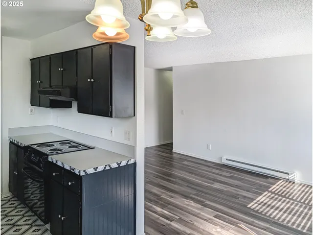a kitchen with a cabinets and a stove with wooden floor