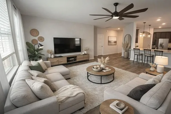 a porch with seating space