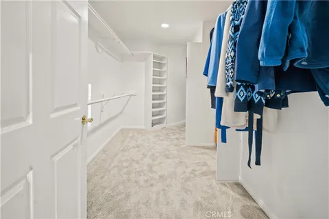 a view of walk in closet with clothes and shoes