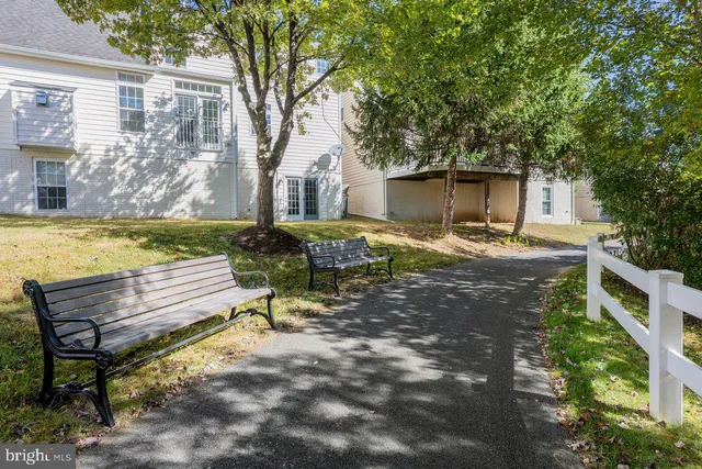 a view of backyard with large trees and a wooden fence