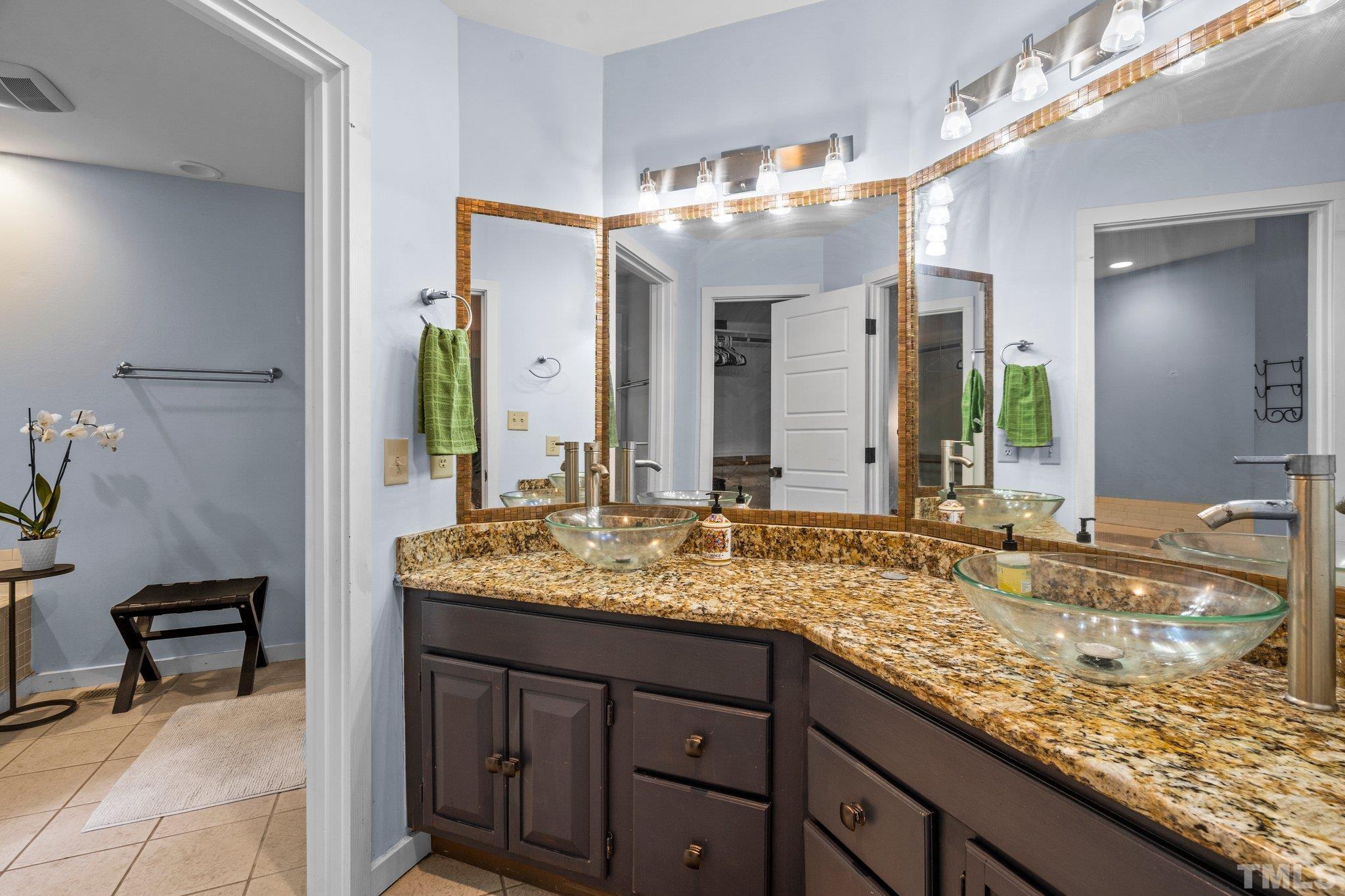 6509 Deerview Drive Raleigh, NC 27606 - Photo 14 of 36 a bathroom with a granite countertop sink and a mirror