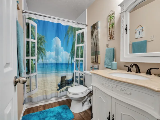 a bathroom with a sink toilet a mirror and shower