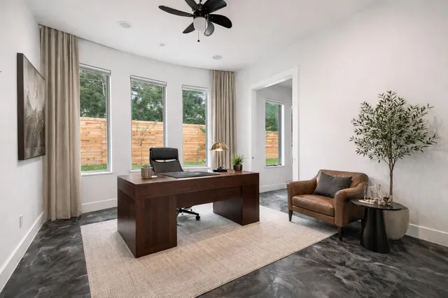 a living room with furniture and a potted plant