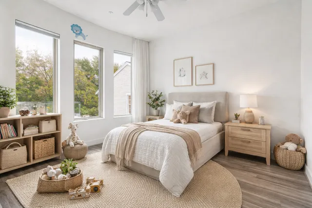 a spacious bedroom with a bed and a window