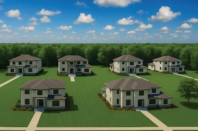 a aerial view of a house next to a yard