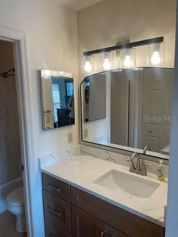 a bathroom with a sink and a large mirror