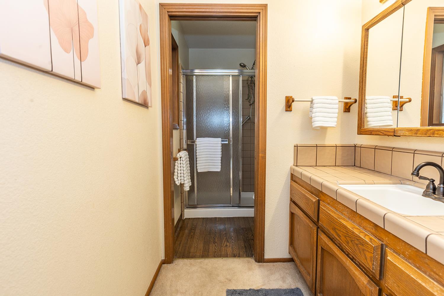 3913 Cougar Place Modesto, CA 95356 - Photo 31 of 40 a bathroom with a granite countertop sink and a mirror